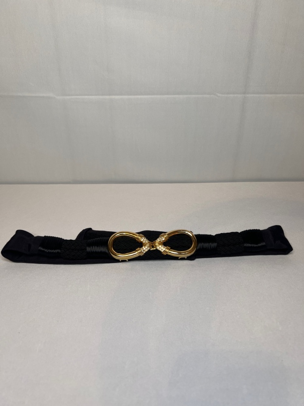 Vintage Black Woven Evening Belt - Gold Rhinestone Infinity Buckle - 35” Velcro